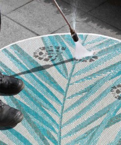 Rond buitenkleed palm - Palm turquoise/crème - close up, thumbnail Rond buitenkleed palm - Palm turquoise/crème - close up, thumbnail