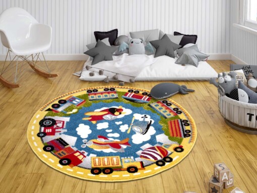 Rond kindervloerkleed trein - multi - sfeer