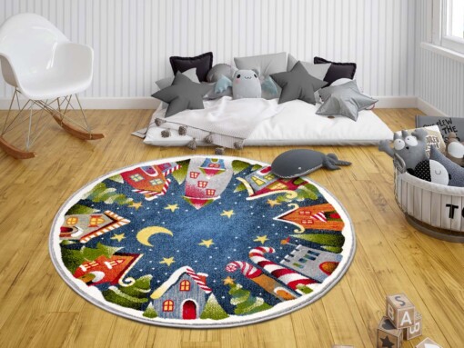 Rond kindervloerkleed kerstdorp - multi - sfeer