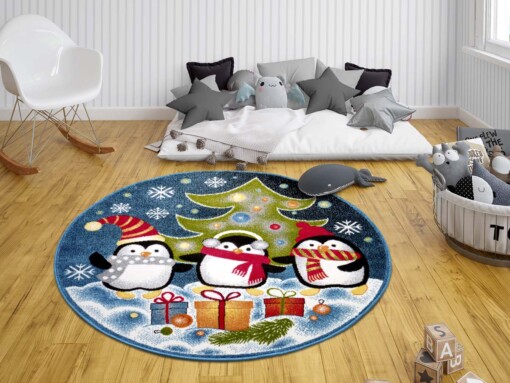 Rond kindervloerkleed kerst pinguïn - multi - sfeer