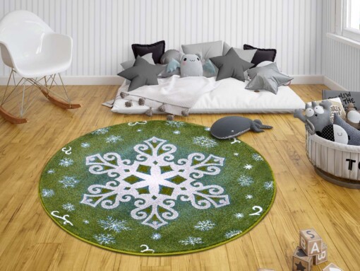 Rond kindervloerkleed sneeuwvlok - groen/wit - sfeer