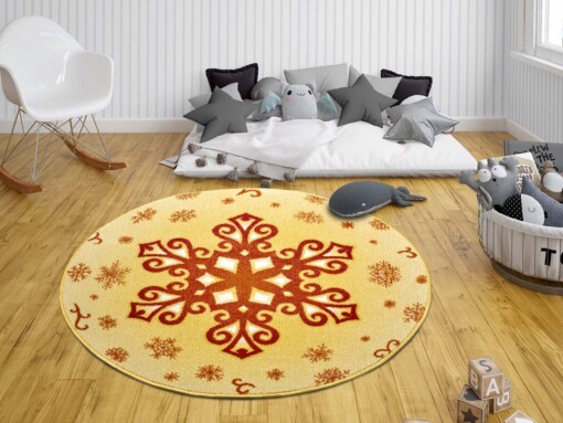 Rond kindervloerkleed sneeuwvlok - geel/rood - sfeer