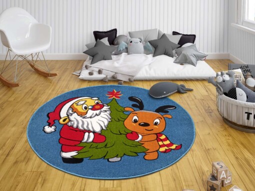Rond kindervloerkleed Kerstman & Rudolf - multi - sfeer