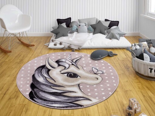 Rond kindervloerkleed eenhoorn - roze/bruin - sfeer