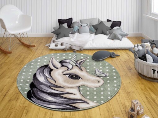 Rond kindervloerkleed eenhoorn - groen/bruin - sfeer