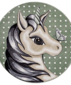 Rond kindervloerkleed eenhoorn - groen/bruin - overzicht boven, thumbnail