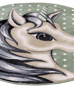 Rond kindervloerkleed eenhoorn - groen/bruin - overzicht schuin, thumbnail