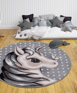 Rond kindervloerkleed eenhoorn - grijs/roze - sfeer, thumbnail