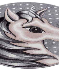 Rond kindervloerkleed eenhoorn - grijs/roze - overzicht schuin, thumbnail