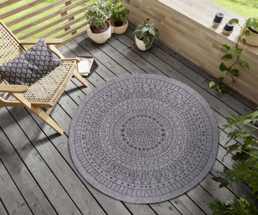 Rond binnen & buiten vloerkleed Porto - zilver/zwart - sfeer