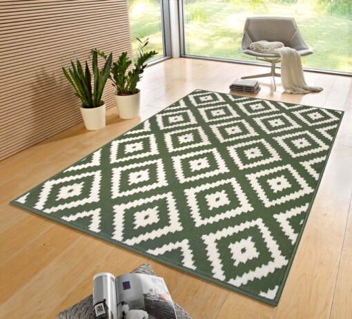 Modern vloerkleed ruiten Diamond - groen/crème - sfeer