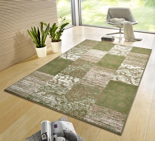 Patchwork vloerkleed Bloques - groen/crème - sfeer