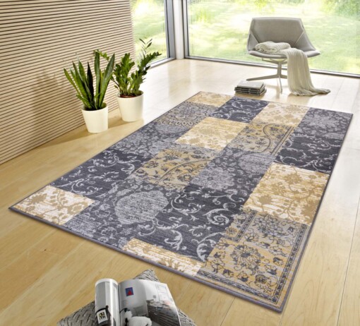 Patchwork vloerkleed Bloques - grijs/geel - sfeer