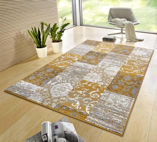 Patchwork vloerkleed Bloques - okergeel - sfeer