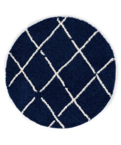 Rond hoogpolig vloerkleed ruiten Artisan - marineblauw/wit - overzicht