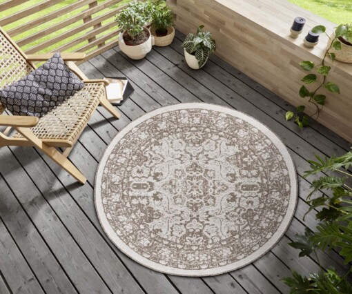 Rond binnen & buiten vloerkleed Jole - lichtbruin/crème - sfeer