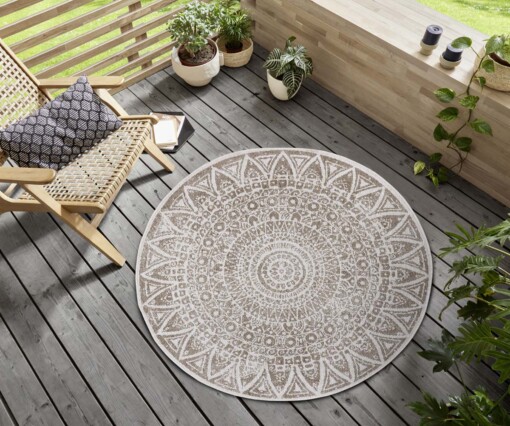 Rond binnen & buiten vloerkleed Lilja - lichtbruin/crème - sfeer