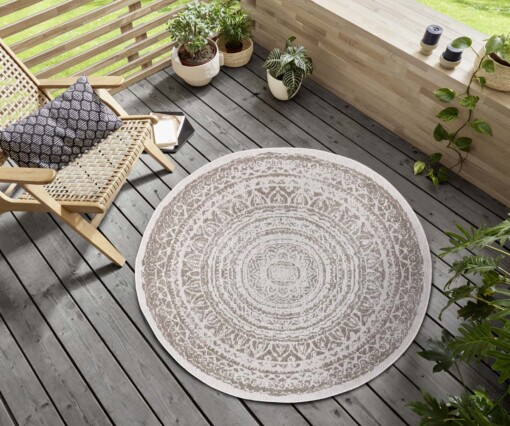 Rond binnen & buiten vloerkleed Rosica - lichtbruin/crème - sfeer