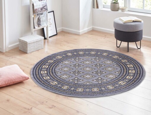 Klassiek vloerkleed rond Sao Buchara - grijs/beige - sfeer