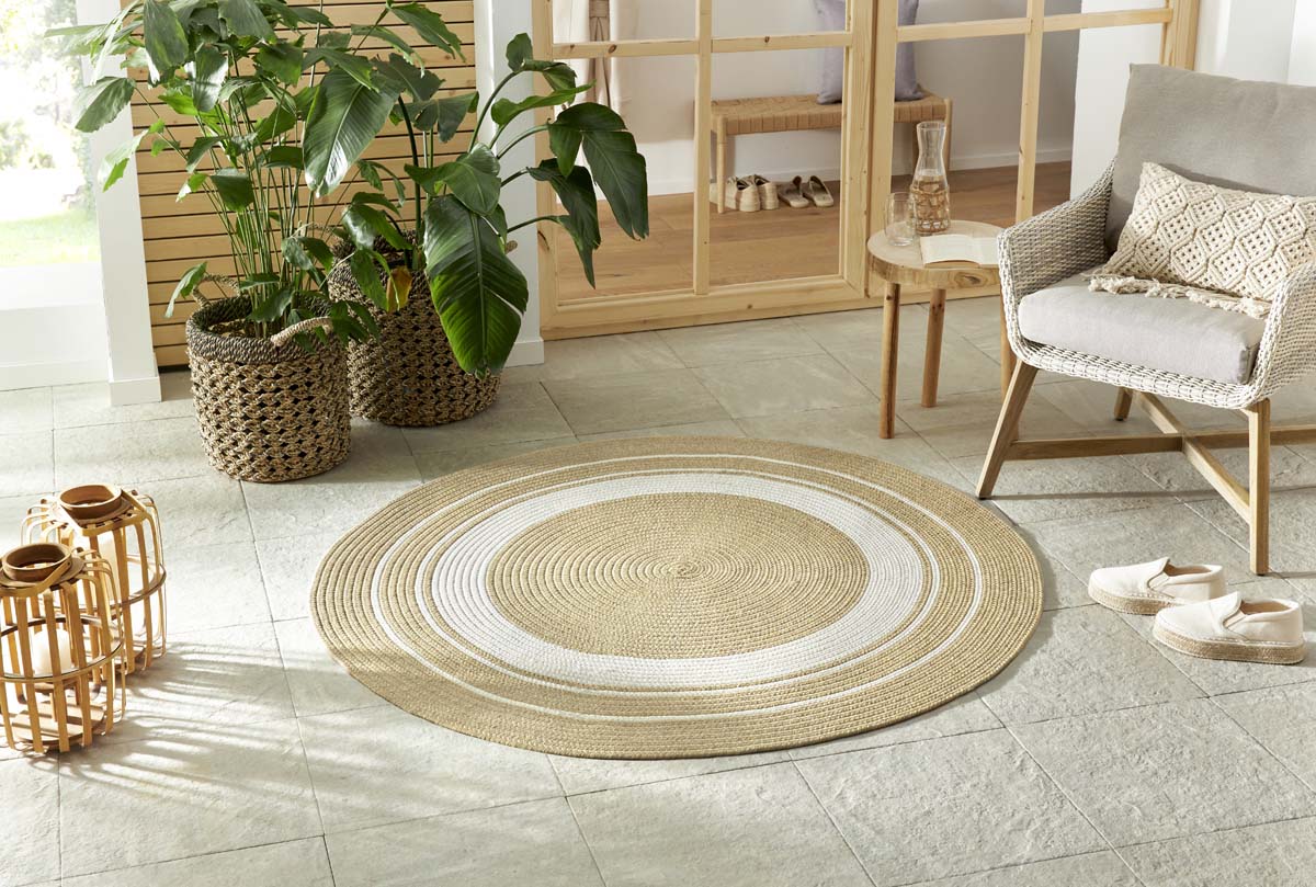 Rond buitenkleed rand Trenzado beige/crème | Tapeso