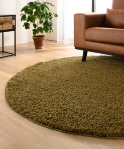 Rond hoogpolig vloerkleed shaggy Trend effen - olijfgroen - sfeer, thumbnail