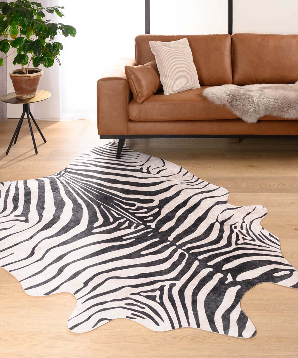 foto Losjes erosie Zebra vloerkleed - Happy Zebra zwart/wit | Tapeso