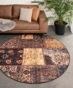 Rond patchwork vloerkleed - Fade No.1 goud/bruin - sfeer