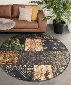 Rond patchwork vloerkleed - Fade No.1 olijfgroen - sfeer