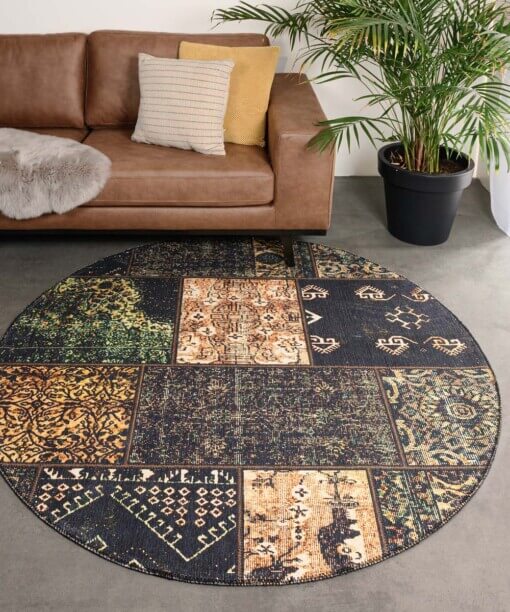 Rond patchwork vloerkleed - Fade No.1 olijfgroen - sfeer