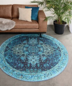 Rond vintage vloerkleed - Fade No.2 blauw - sfeer