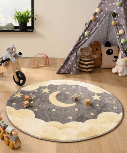 Rond vloerkleed kinderkamer wolk - Dreams geel/grijs