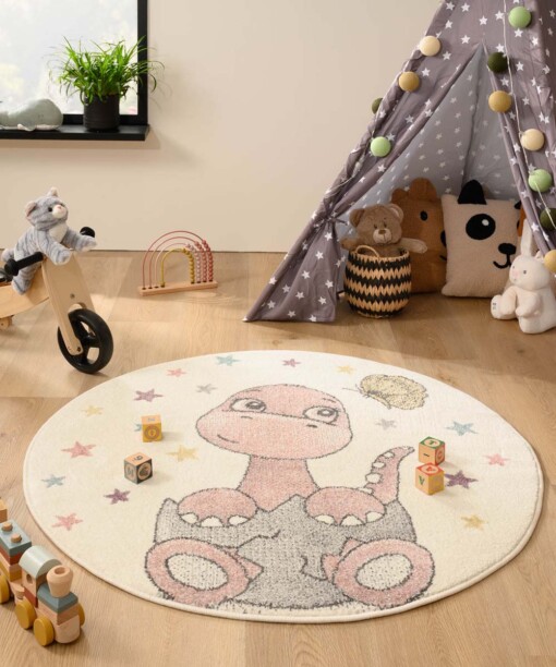 Rond dino vloerkleed - Dreams wit/roze