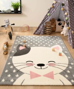 Vloerkleed kinderkamer kat - Adventures grijs/roze