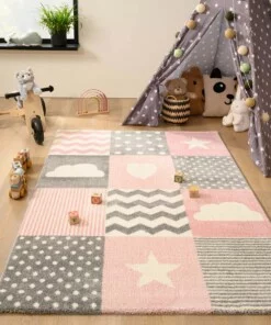 Vloerkleed kinderkamer blokken - Adventures roze/grijs