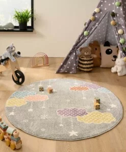 Rond vloerkleed kinderkamer wolk - Snoozy grijs/multi