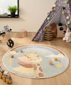 Rond vloerkleed kinderkamer giraffe - Snoozy blauw/multi