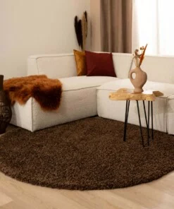 Hoogpolig vloerkleed shaggy Trend effen rond - bruin - sfeer