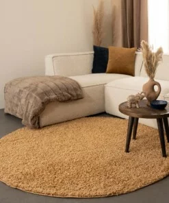 Rond hoogpolig vloerkleed shaggy Trend effen - goud - sfeer