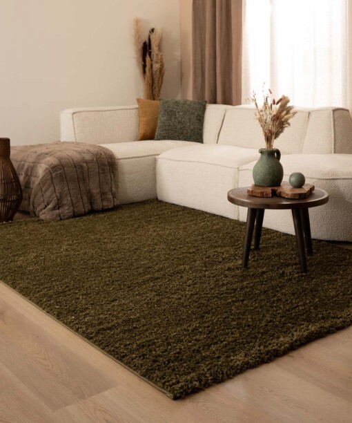Hoogpolig vloerkleed shaggy Trend effen - olijfgroen - sfeer