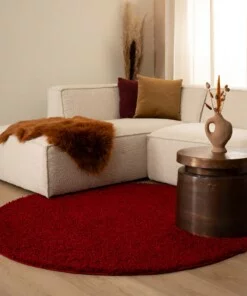 Hoogpolig vloerkleed shaggy Trend effen rond - rood - sfeer