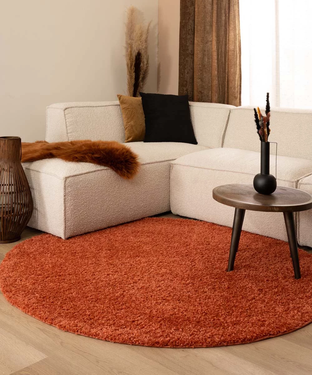 Hoogpolig vloerkleed shaggy Trend effen rond - terracotta - sfeer