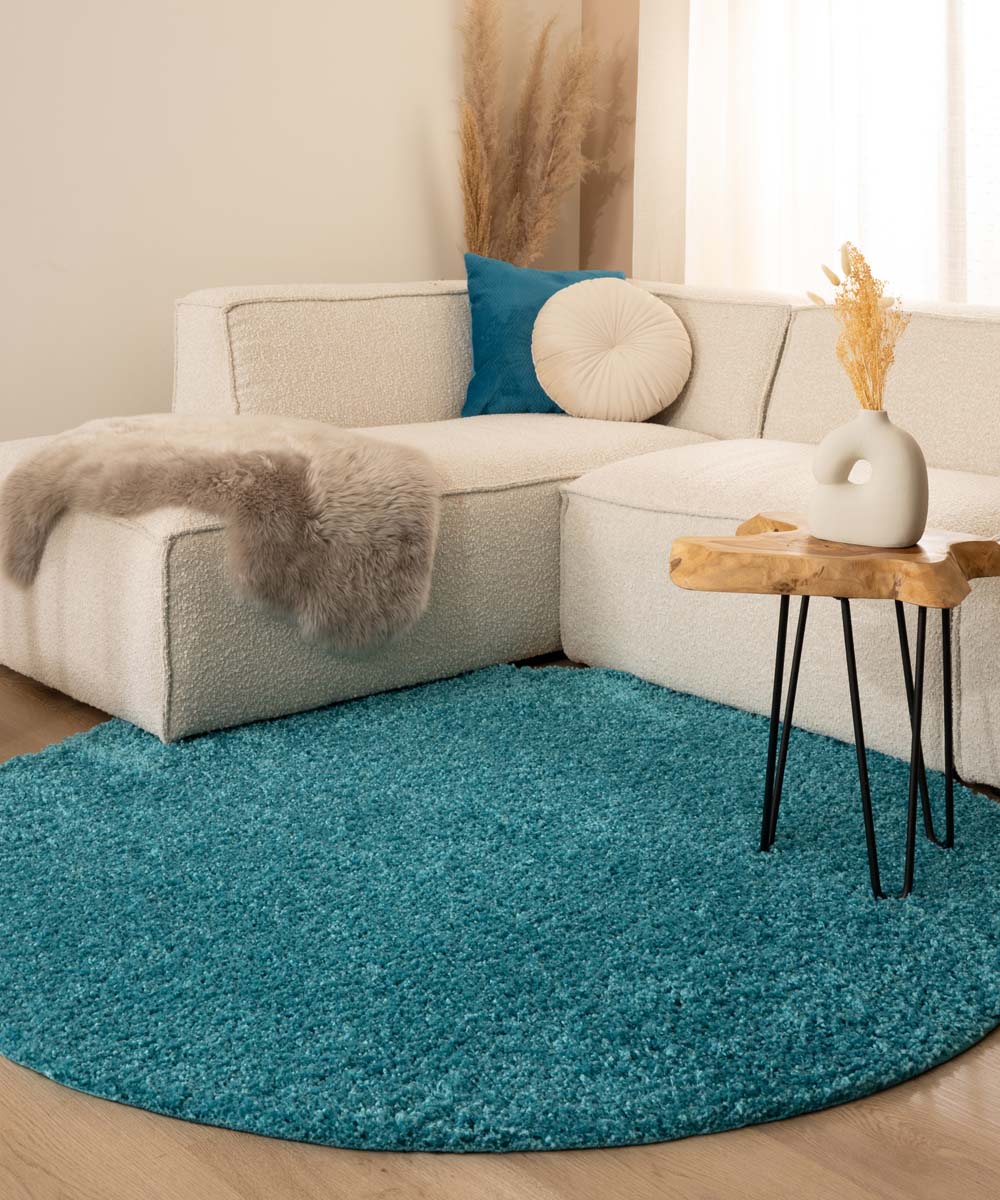 Hoogpolig vloerkleed shaggy Trend effen rond - turquoise - sfeer