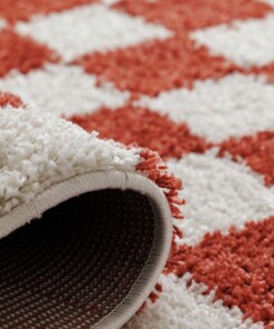 Rond checkerboard vloerkleed - Check ivoor/koraal - close up