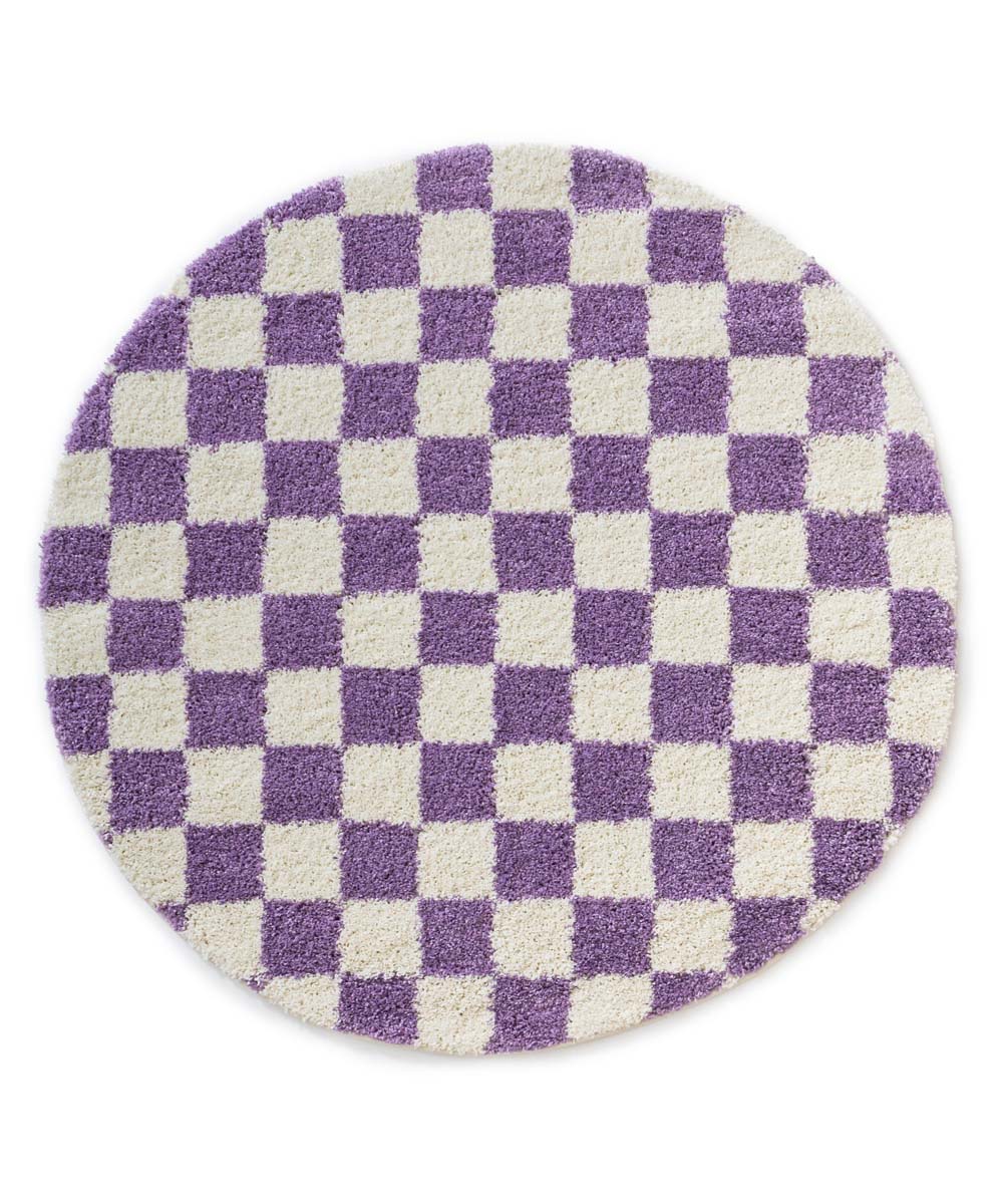 Rond checkerboard vloerkleed - Check ivoor/lila - overzicht Rond checkerboard vloerkleed - Check ivoor/lila - overzicht
