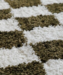 Rond checkerboard vloerkleed - Check ivoor/olijfgroen - close up, thumbnail