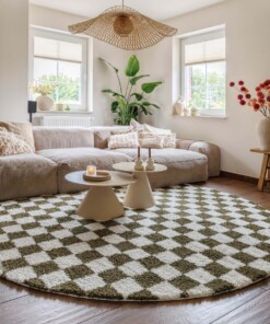 Rond checkerboard vloerkleed - Check ivoor/olijfgroen - sfeer