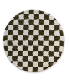 Rond checkerboard vloerkleed - Check ivoor/olijfgroen - overzicht, thumbnail