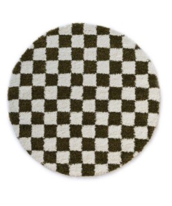 Rond checkerboard vloerkleed - Check ivoor/olijfgroen - overzicht