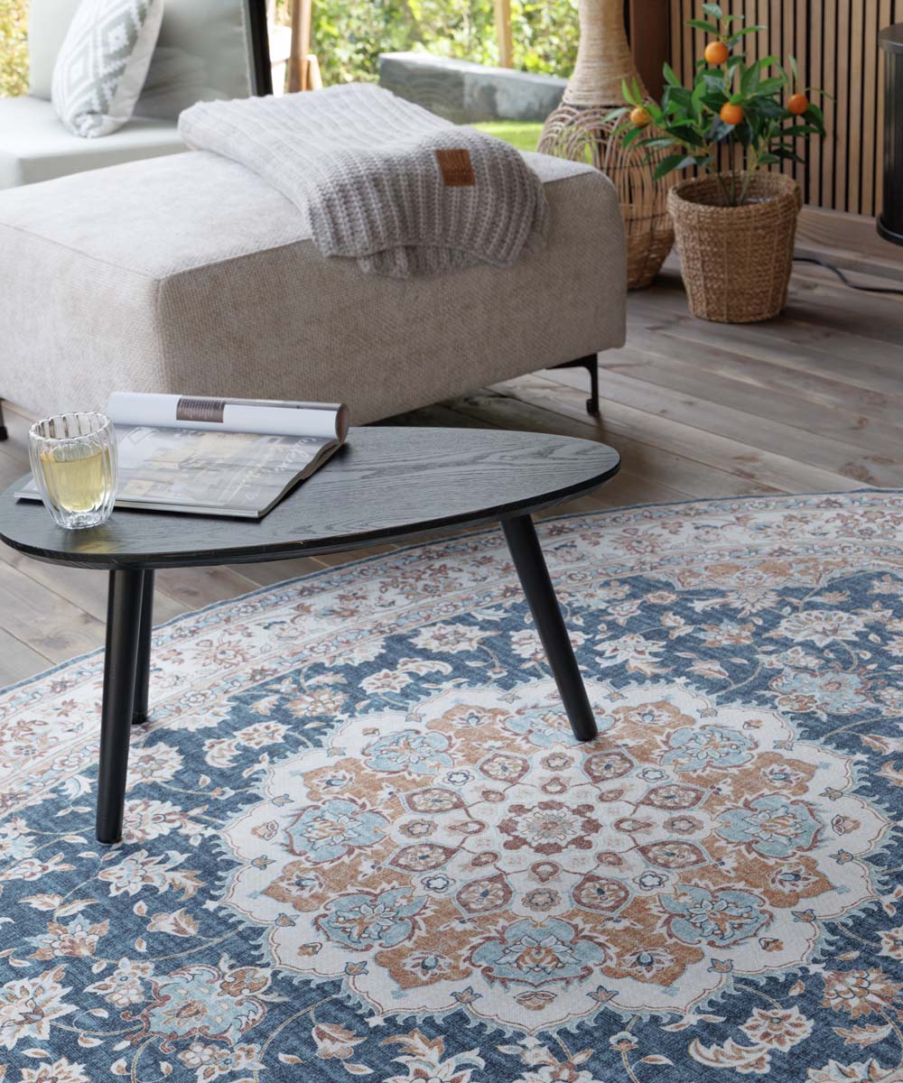 Buitenkleed ovaal Vintage - Valenca Nova goud/blauw - close up Buitenkleed ovaal Vintage - Valenca Nova goud/blauw - close up