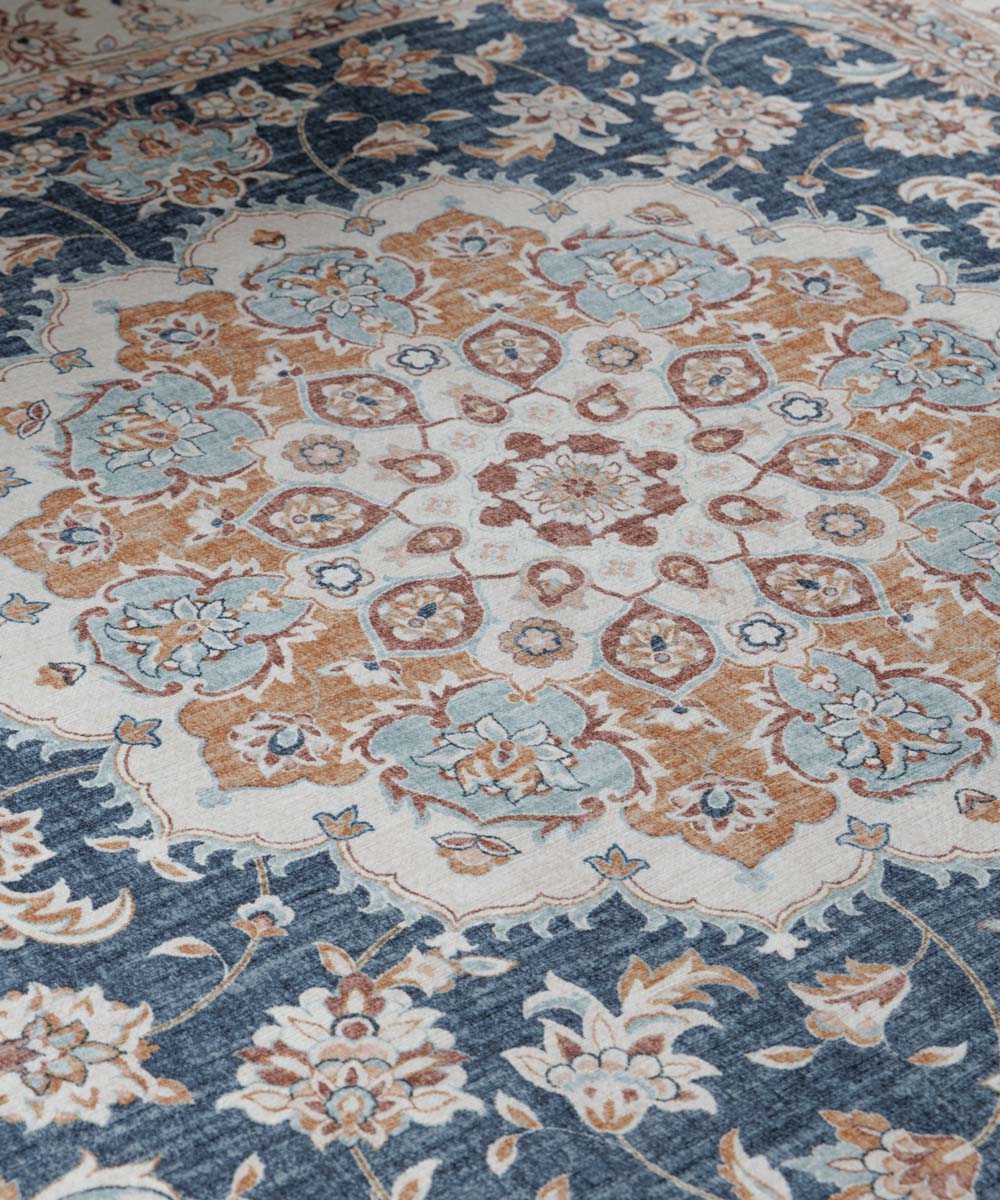 Buitenkleed vierkant Vintage - Valenca Nova goud/blauw - close up Buitenkleed vierkant Vintage - Valenca Nova goud/blauw - close up